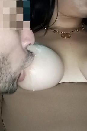 Sucking My Wife's Huge Breasts with Condensed Milk, Her Swollen Nipples Get Very Sweet