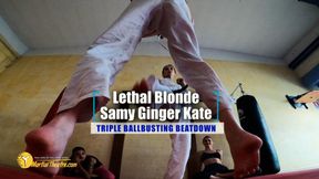 Lethal Blonde Samy Ginger Kate triple ballbusting beatdown