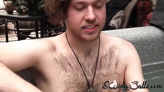Hairy hippie Woody Johnson jerks off and swings his big balls