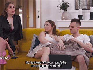 Step Mama Catches Breasty Amber Bloom Jerks Step Bro on Bed Spanks Her During Doggy