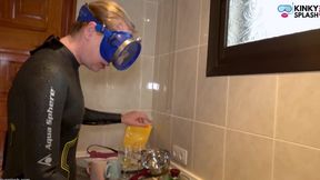 Flooded Mask Dishwashing in Wetsuit &amp; Heels - Wet Mess Fun