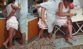 Turkish wifey’s skirt rides the kitchen counter while hubby watches her thick thighs bounce