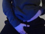 Boy strips naked, sniffs his underwear, edges his dick and cums in a bowl