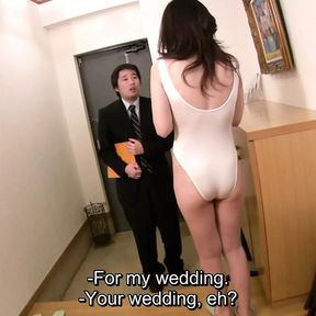 Pale and leggy Japanese MILF answers door in revealing leotard