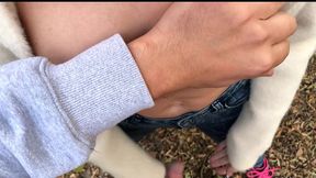 risky autumn park fuck – i jerk him off, pussyjob, then he pounds me doggystyle & cums all over my ass in public