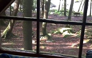 Girl with ponytails sucks cock deepthroat in wooden cabin
