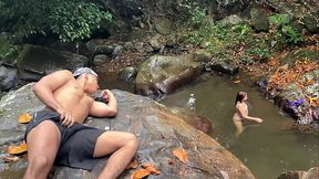 Fucked outdoors in the Rio Pance in Cali Colombia with a stranger who masturbates watching me.