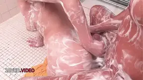 Naughty JAV Brunette Anne Sucks Cock in Shower While You Watch Close Up