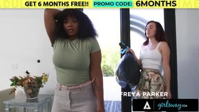 Ebony babes Freya, Avery, and Cami in lesbian threesome