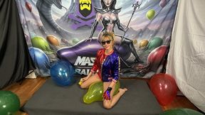 Evil-Lyn2912 as Harley Quinn pops 6 big Balloons by sit2pop, bite2pop & lay2pop