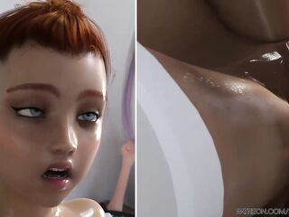 Cumming down the line by Redvoidcgi (girl breeded and spitroasted by two massive futas, fuck train)