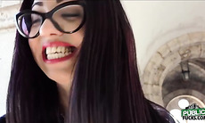 Nerdy bitch Julia getting flashes tits in public and gets banged in private