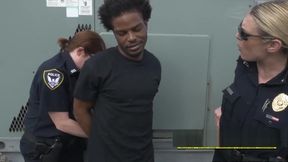 Fro dude is arrested and fucked on rooftop by perverted female officers