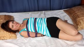 Tina: barefoot girl in blue and white tank-top and black shorts, hogtied with violet hemp rope, is tickled by a man (HD MOV)