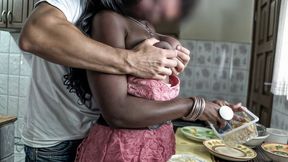 Unbridled passion ignites between Ebony svelte housewife and ravenous studs amidst steamy kitchen chaos.