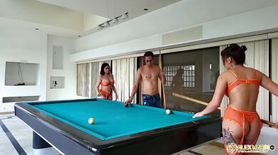 Two Latina lovers in orange lingerie tease and take turns with their man at the pool table