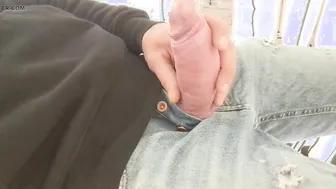 Belgian twink jerks his big cock in supermarket voyeur solo