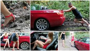 Sexy Emily got her luxury BMW 335 stuck in deep mud