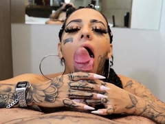 Inked Latina slut delivering sensual blowjob POV style