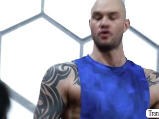 Wicked large titties TS anal drilled in the gym!