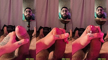 POV Double Camera Slowly Jerking Big Cock With Lube And Spit Thick Cumshot