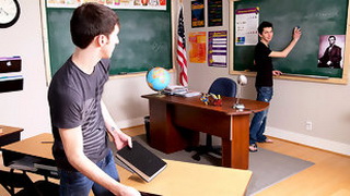 The cute boys were told by their teacher to make the classroom spotless