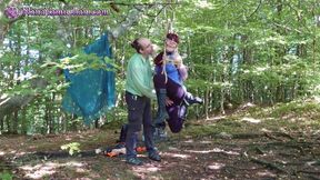 Shibari “Running Girl” pose in public forest, spanking & humiliating