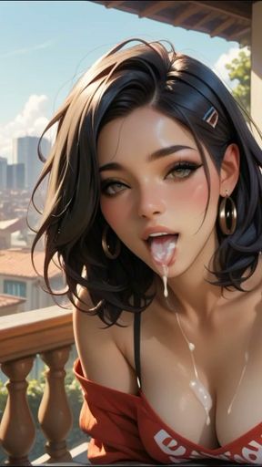 Busty hot brunette and ass fucking on the hotel balcony   Clip 2