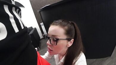 Beautiful secretary blows angry customer and gags on cumshot at reception