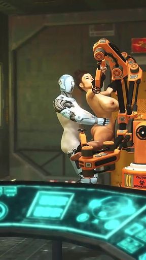 I just want your dick! Robot shemale fucks a sexy cuffed busty brunette in the sci-fi lab