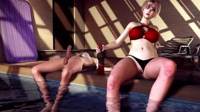 horny girl loves riding ladyboy dick by the pool