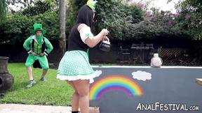 ”Delectable MILF fucks Elf & sucks shaft near pool outside”