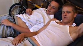 Lucas joins Gunner who is back watching a porn video. After they stroke up their boners, Gunner and Lucas exchange blow jobs. Then Gunner turns Lucas over and fucks his tight ass until Lucas blows a huge cum load onto his belly.