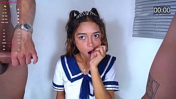 petite dresses as a sailor and we see how she gives some deep blowjobs