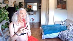 Spanish Shemale Puta Chokes Red Dildo Lifts Skirt Gushes Cum Flood