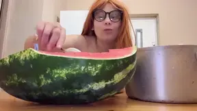 Giantess step-sister eats watermelon while tiny step-brother watches