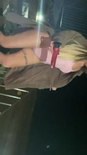 Huge squirt outdoors in public