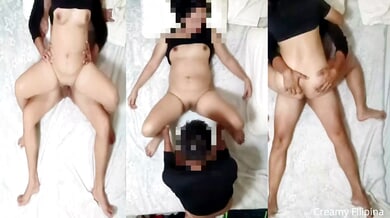 Asian Filipina MILF shares passionate creampie sex on a white bed