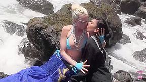 One Chick Dressed As A Mermaid Was Kissing Another Lesbian Brunette Chick By The Sea