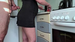 Stepson spots pregnant stepmom in kitchen &mdash;  no panties on