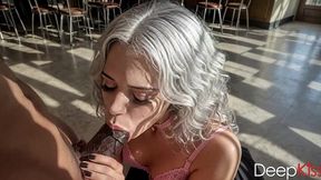 a cute waitress takes my dick in her mouth and sucks it like a dirty whore instead of letting me pay for the drinks[ai]