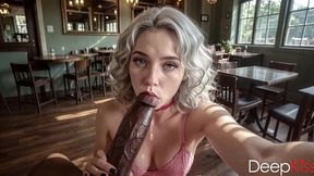 a cute waitress takes my dick in her mouth and sucks it like a dirty whore instead of letting me pay for the drinks[ai]