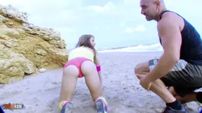 Eva Lange's big tits get wild sex on the beach