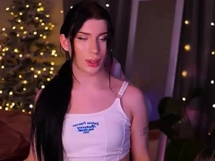 Big tit shemale jerks her long cock