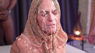 granny gets massive facial at her groupsex party