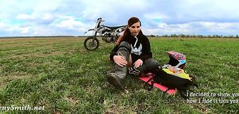 Hot chick with tiny tits gets dirty on a dirt bike