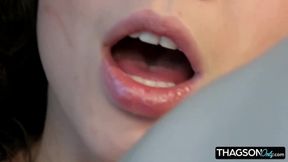 Horny Brunette Pleasures Herself with Dildo on Leather Couch