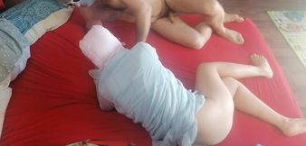 Foreplay in the bedroom with an amateur couple. Amateur MILF doing yoga, hairy pussy, big ass, big tits, massage loved