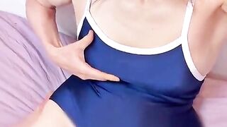 TRANSSEXUAL Anime Bathing suit Solo - Wanking Off & Jizzing Inwards Latex Taunt