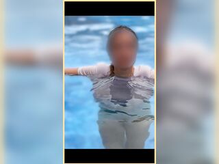Wifey soaked shirt in the pool with consummate braless melons